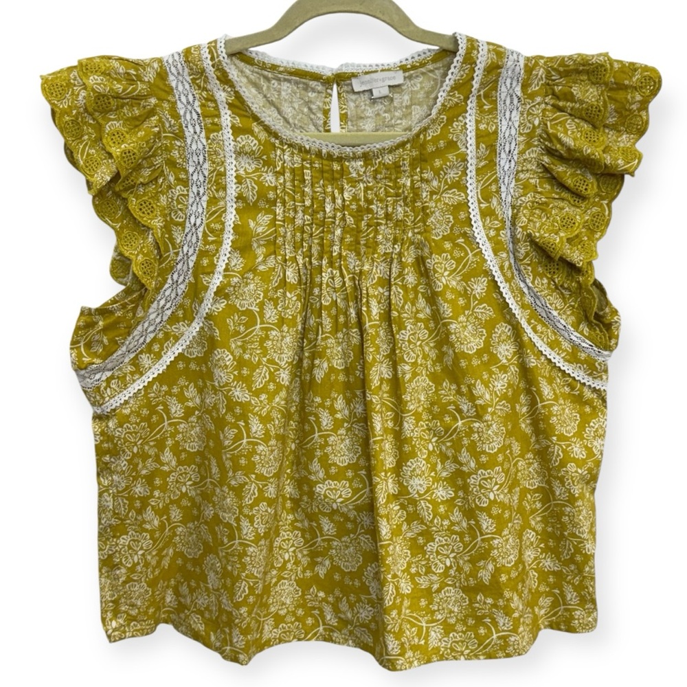 Jennifer Grace Women’s Mustard Floral Ruffle Sleeve Blouse Size L *272